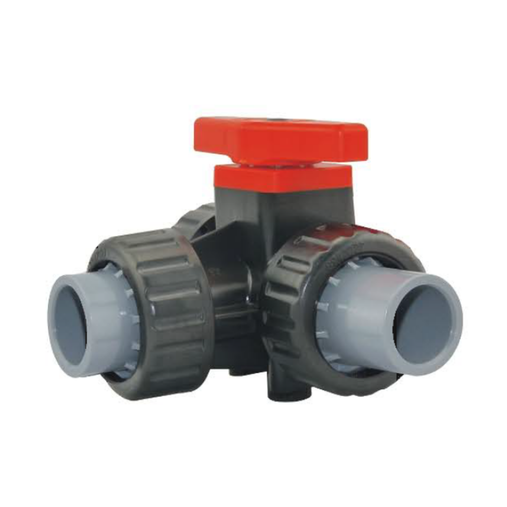 3-Way Ceramic Core Ball Valve, Plastic Body, 1 Inch, UPVC Glue Connection, Manual Operation