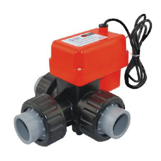 3-Way Ceramic Core Ball Valve, Plastic Body, 1 Inch, UPVC Glue Connection, Electric Operation, 12V